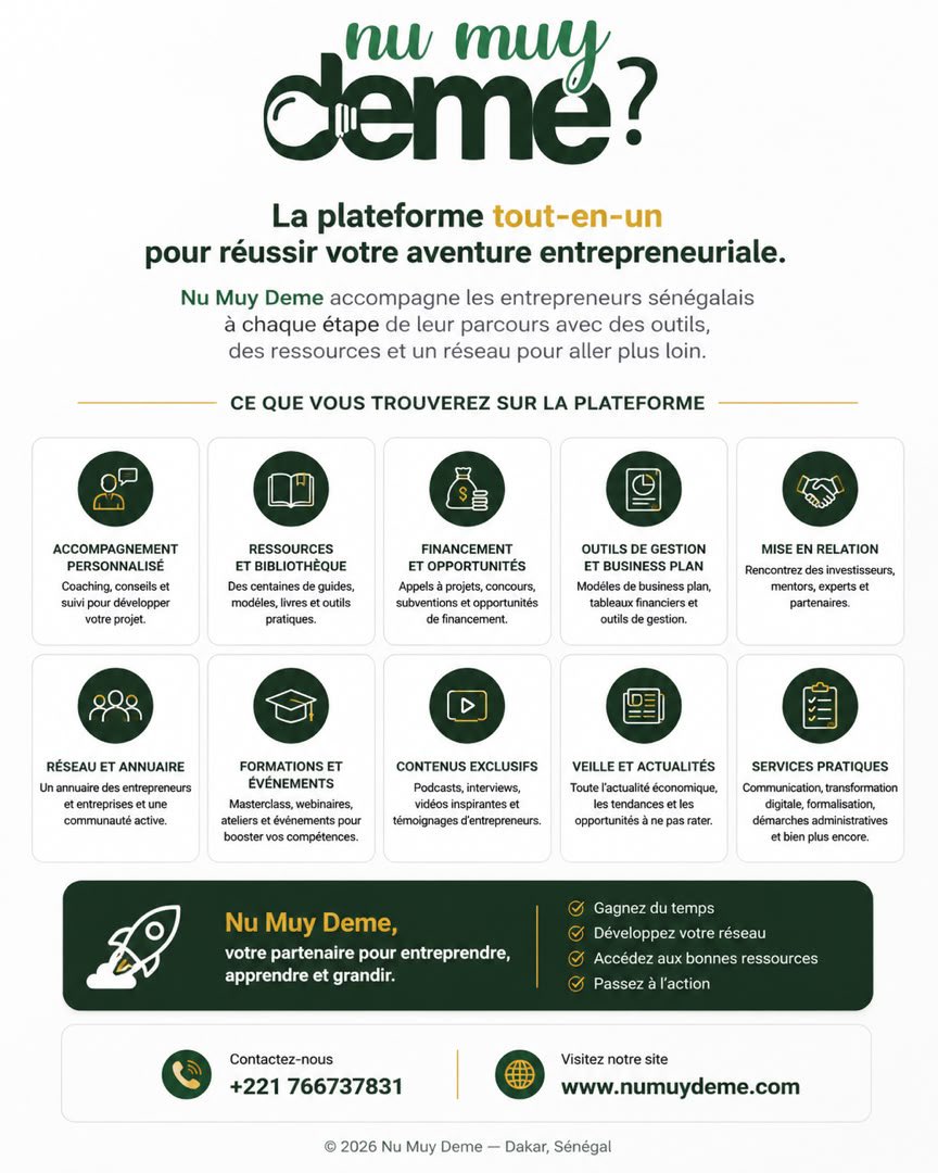 Noo_IDcard's tweet photo. 🚀 J-1 | C’est officiel : Nu Muy Deme arrive !

Le 04 juillet 2026 à 17h30, nous lancerons officiellement Nu Muy Deme, la plateforme numérique dédiée aux entrepreneurs sénégalais.

Que vous soyez porteur de projet, entrepreneur, étudiant ou dirigeant d’entreprise, vous y trouverez tout ce dont vous avez besoin pour développer vos ambitions :

• 💼 Accompagnement personnalisé
• 📚 Bibliothèque de centaines de ressources
• 💰 Appels à projets, financements et concours
• 📊 Business plans, modèles et outils de gestion
• 🤝 Mise en relation avec des investisseurs, mentors et experts
• 🏢 Annuaire des entrepreneurs et entreprises
• 🎓 Formations, masterclass et événements
• 🎥 Podcasts, interviews et contenus exclusifs
• 📰 Veille quotidienne sur l’entrepreneuriat et les opportunités
• 🛠️ Services d’accompagnement : communication, transformation digitale, formalisation, démarches administratives et bien plus encore.

Notre ambition est simple : créer la plateforme de référence de l’entrepreneuriat au Sénégal, en réunissant dans un même espace les ressources, les opportunités et les acteurs de l’écosystème.

📅 Rendez-vous le 04 juillet 2026 à 17h30 pour découvrir officiellement Nu Muy Deme.

🌐 https://t.co/ttO4YcOSgf

Nu Muy Deme — Entreprendre. Apprendre. Grandir. Ensemble. 3