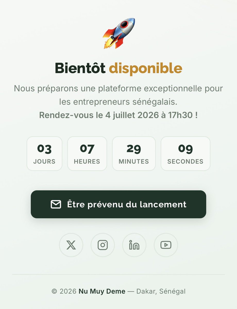 Noo_IDcard's tweet photo. 🚀 J-1 | C’est officiel : Nu Muy Deme arrive !

Le 04 juillet 2026 à 17h30, nous lancerons officiellement Nu Muy Deme, la plateforme numérique dédiée aux entrepreneurs sénégalais.

Que vous soyez porteur de projet, entrepreneur, étudiant ou dirigeant d’entreprise, vous y trouverez tout ce dont vous avez besoin pour développer vos ambitions :

• 💼 Accompagnement personnalisé
• 📚 Bibliothèque de centaines de ressources
• 💰 Appels à projets, financements et concours
• 📊 Business plans, modèles et outils de gestion
• 🤝 Mise en relation avec des investisseurs, mentors et experts
• 🏢 Annuaire des entrepreneurs et entreprises
• 🎓 Formations, masterclass et événements
• 🎥 Podcasts, interviews et contenus exclusifs
• 📰 Veille quotidienne sur l’entrepreneuriat et les opportunités
• 🛠️ Services d’accompagnement : communication, transformation digitale, formalisation, démarches administratives et bien plus encore.

Notre ambition est simple : créer la plateforme de référence de l’entrepreneuriat au Sénégal, en réunissant dans un même espace les ressources, les opportunités et les acteurs de l’écosystème.

📅 Rendez-vous le 04 juillet 2026 à 17h30 pour découvrir officiellement Nu Muy Deme.

🌐 https://t.co/ttO4YcOSgf

Nu Muy Deme — Entreprendre. Apprendre. Grandir. Ensemble. 3
