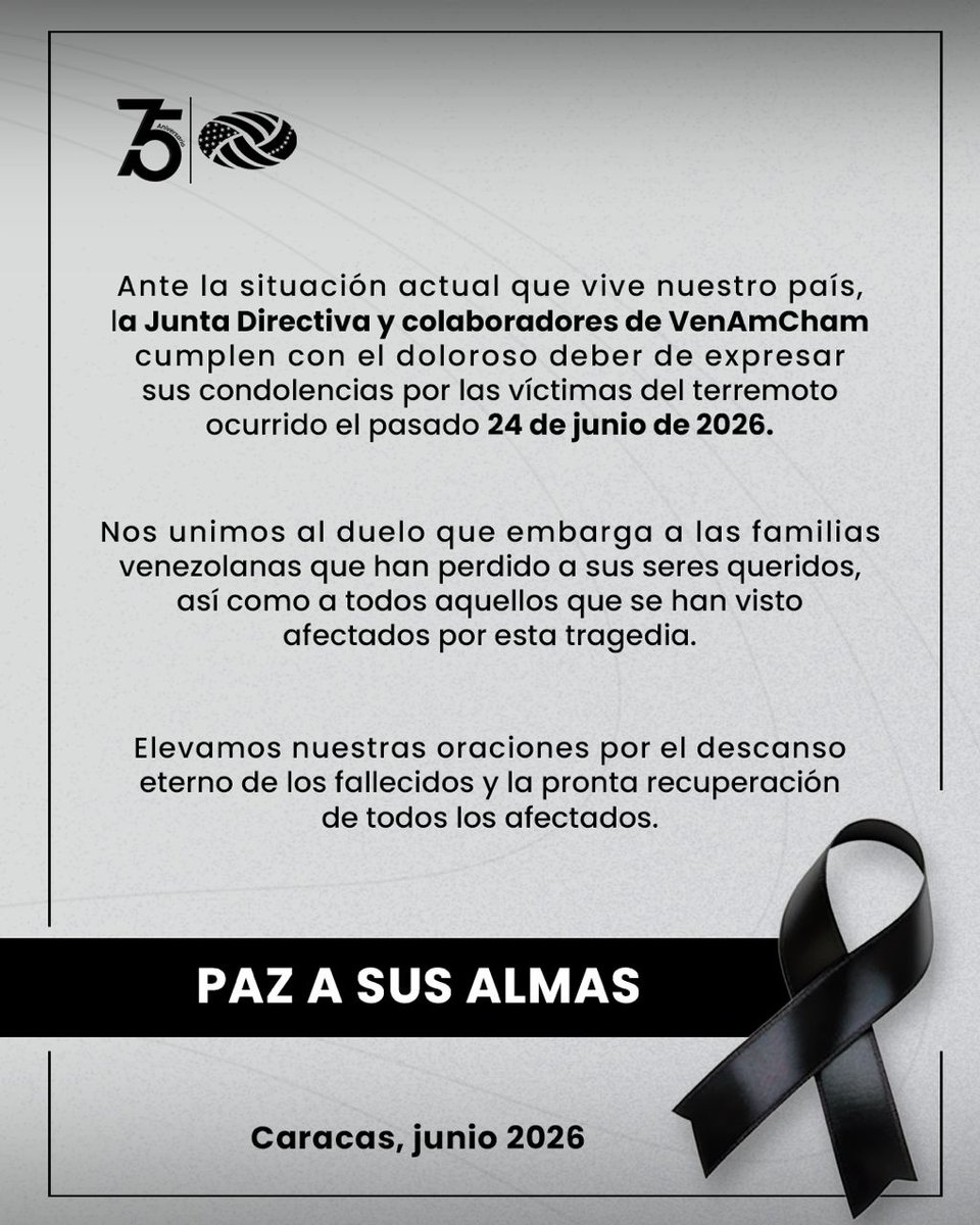 VenAmCham's tweet photo. Desde VenAmCham nos unimos al duelo nacional y expresamos nuestras más sinceras condolencias a las familias afectadas por el sismo del pasado 24 de junio. Paz a sus almas. https://t.co/5xc3dIr2is
