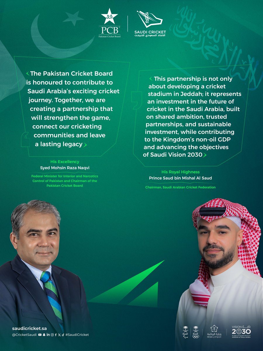 cricketsaudi's tweet photo. Key remarks from the Chairmen of #SACF and #PCB during the signing ceremony of the strategic MoU.

@TheRealPCB 

#SaudiCricket | #Vision2030 https://t.co/cHJVvq5S1x