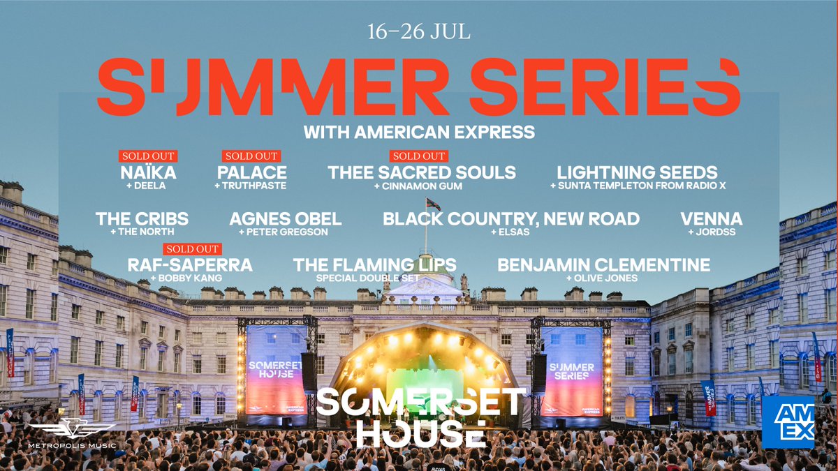 LiveNationUK's tweet photo. .@SomersetHouse’s Summer Series with American Express is officially THIS MONTH! Don't miss  performances from @thecribs, @vennaldn, @theflaminglips, @Lightning_Seeds &amp; more 🤩
 
🎟️ Get tickets now
🔗 https://t.co/fHQmUXVNEg https://t.co/VUgOKv1DGQ