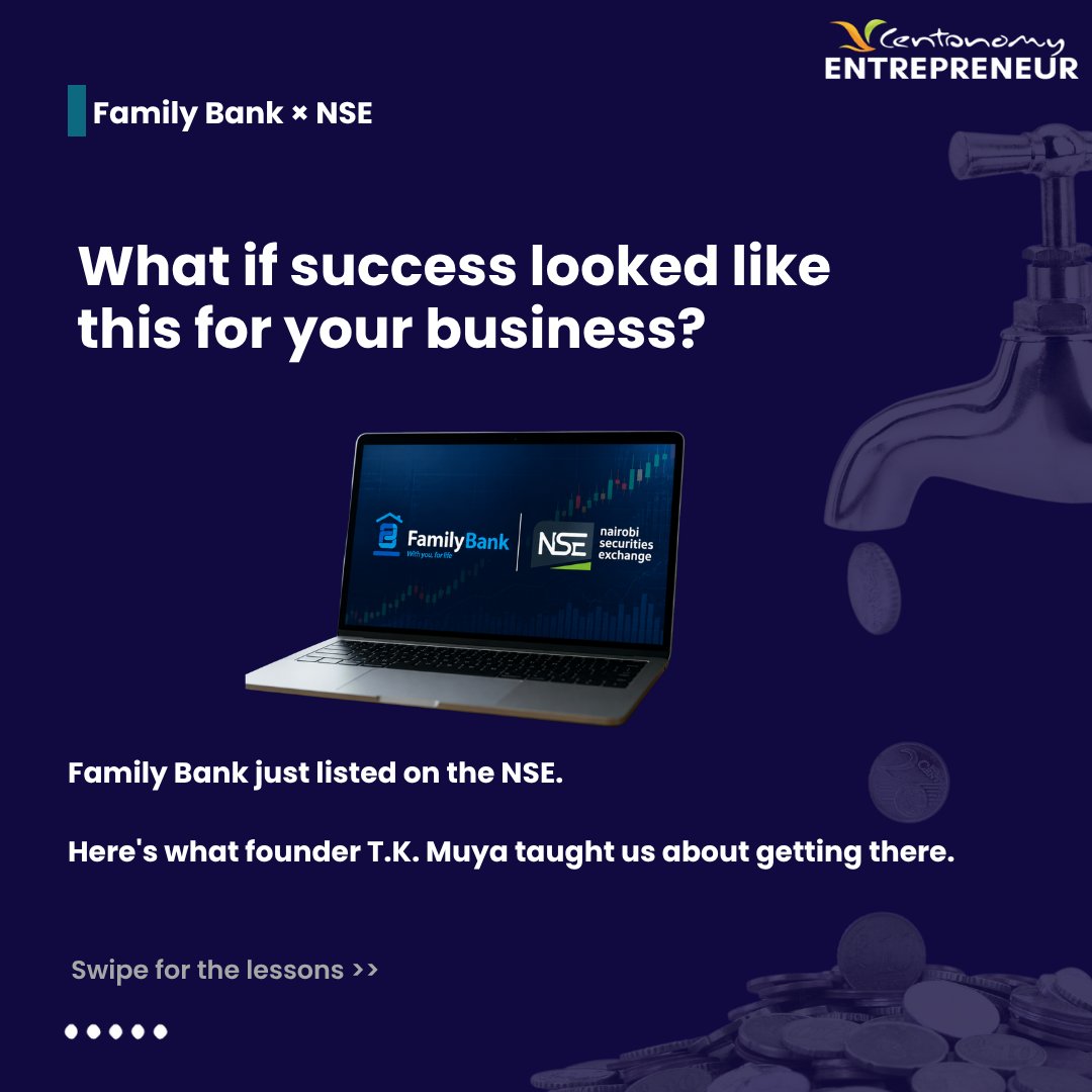 Centonomy's tweet photo. Happy New Month!

What does success look like in your business?  Last month, Titus Muya (T.K.), the visionary founder of Family Bank, achieved a milestone after being officially listed on the #NSE

Swipe through for lessons you can learn as well.

#founderstories https://t.co/1I5YMsekQP