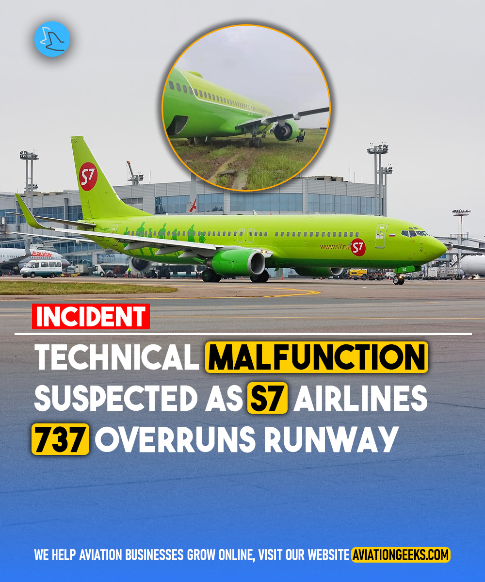 aviationgeeks1's tweet photo. An S7 Airlines 737‑800 overran the runway after landing at Mirny Airport in Russia with 179 people onboard. All passengers and crew evacuated safely with no injuries. Authorities are investigating the incident, with early reports pointing to a possible technical issue. https://t.co/FZMc1swydx