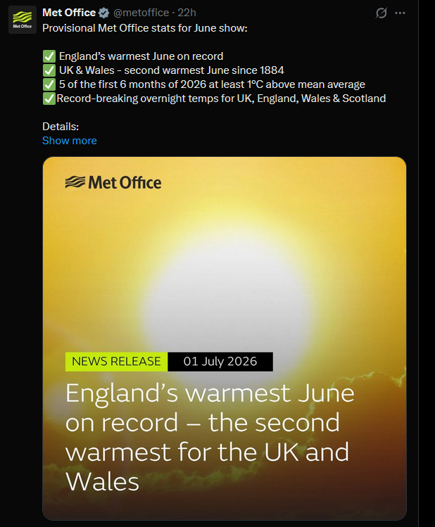 NewPositivism's tweet photo. @ryankatzrosene Climate activist UK Met Office has to admit UK June 1884 was warmer than that of 2026.
And they hide the reality that they have in their own data set, that 2026 Central England June temperature by far didn't reach the record June of 1846, nor that of 1676. https://t.co/0hFnmepkVA