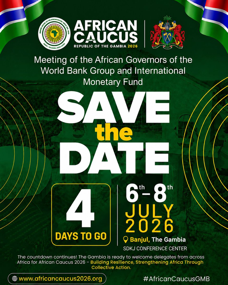 MofeaGambia's tweet photo. ⏳ 4 DAYS TO GO!

The countdown is getting real! 🇬🇲 The Gambia is almost ready to welcome Africa for the African Caucus 2026.

Big conversations. Bold ideas. One continent. One future.

#AfricanCaucus2026 #4DaysToGo #TheGambia #MoFEA #Africa https://t.co/ulHUqqLIPT