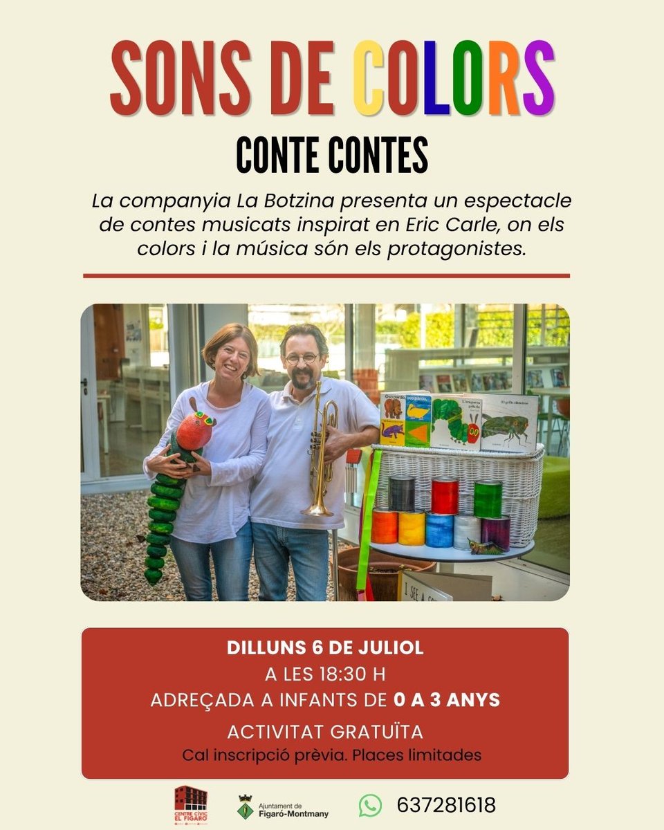 Aj_Figaro's tweet photo. 📢Sons de colors - Conte Contes
Encara hi sou a temps! ⏰
Si us ve de gust compartir una tarda diferent amb els més petits, no us quedeu sense plaça📝
Us hi esperem!
#centrecívicfigaró #contacontes https://t.co/g4CBU2CISe