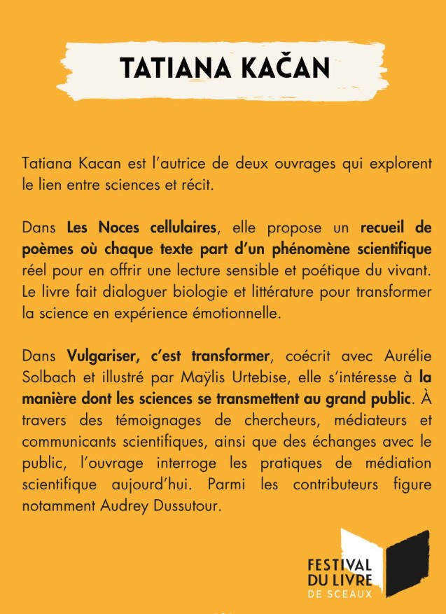 il_midi's tweet photo. Vous pourrez rencontrer Tatiana Kacan au Festival du Livre à Sceaux (92) en Novembre 2026.

Les Noces cellulaires (Il est midi)
https://t.co/kB30sudTQR
Vulgariser, c’est transformer (EDP Sciences)

(Le Festival du livre de Sceaux est porté par l'association Horizons 365). https://t.co/yQ6EfLkd7p