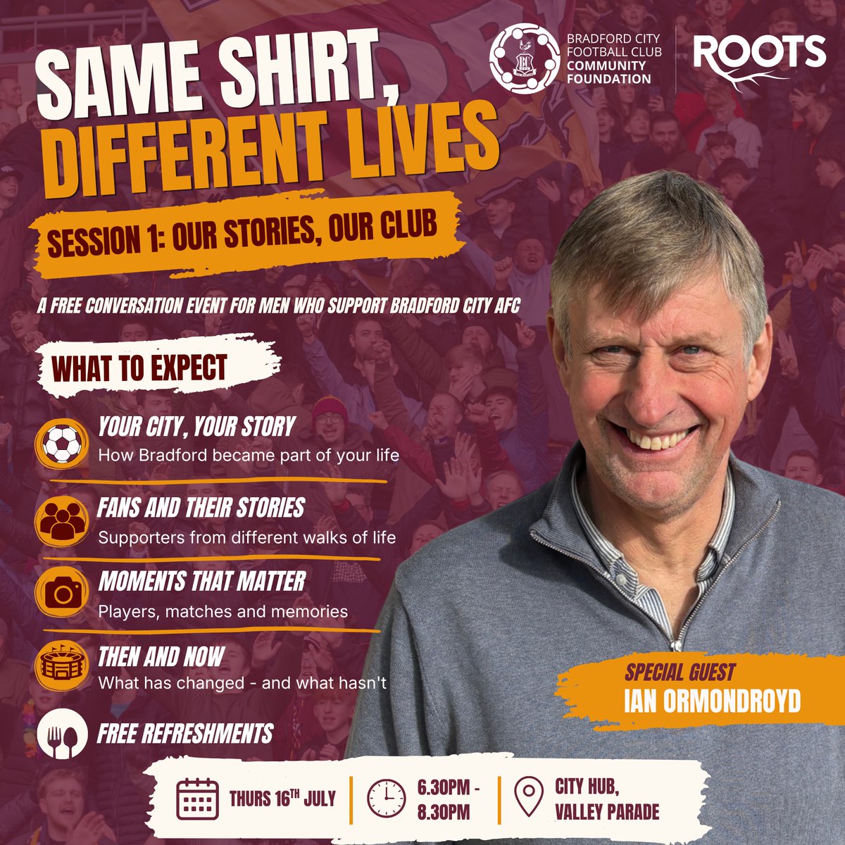 bcafc_cf's tweet photo. In just two weeks we will kick off #SameShirtDifferentLives 👇

Join @officialbantams legend Ian Ormondroyd and @ProgrammeRoots at a new session for men in our community - using the power of sport and stories to support one another 🤝

Register: https://t.co/xnXcg3GQv7

#BCAFC