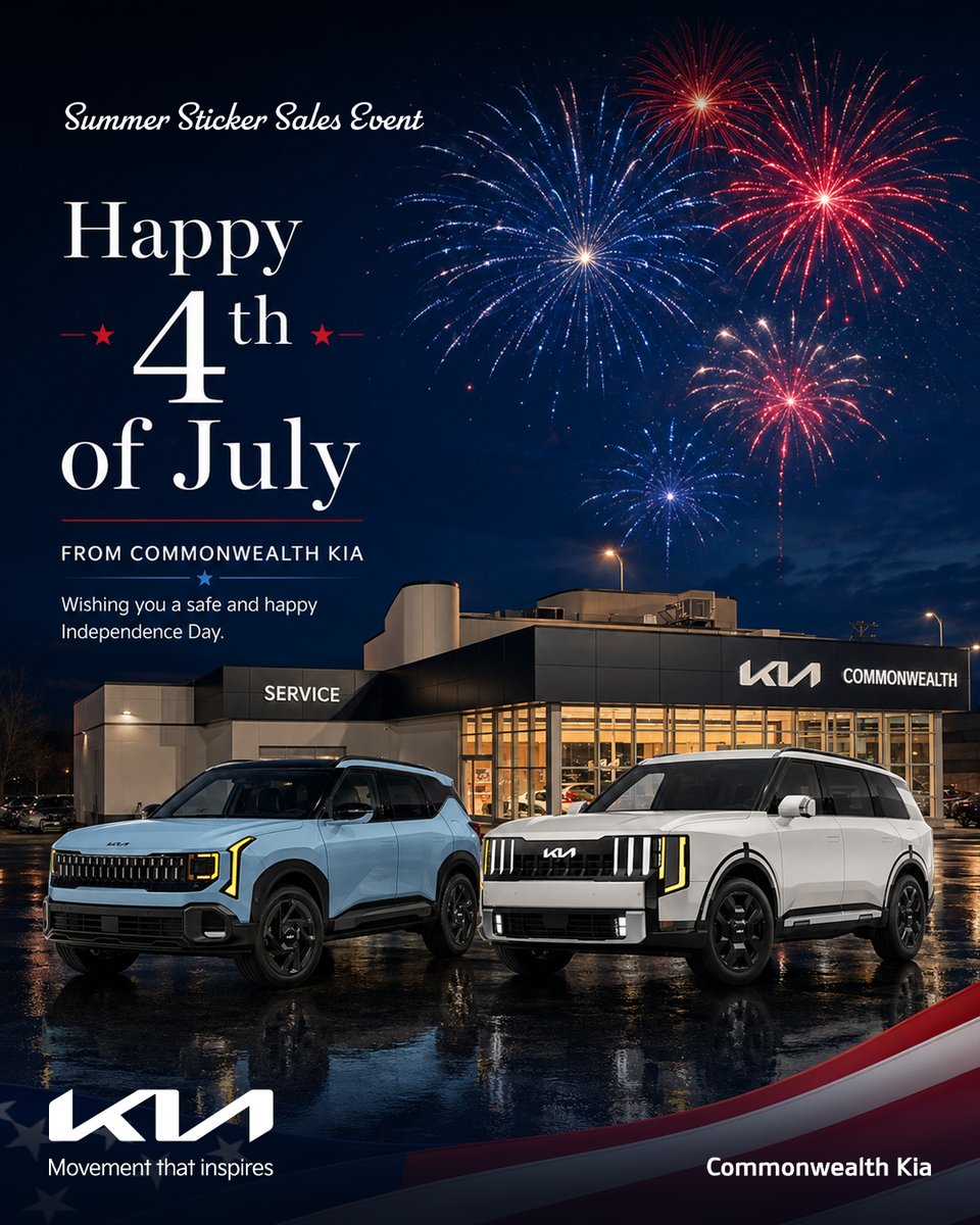 CMKIA_'s tweet photo. Happy 4th of July from Commonwealth Kia! 🇺🇸

We’re closed today in observance of Independence Day and hope you enjoy a safe, fun holiday with family and friends.

Shop our Summer Sticker Sales Event anytime online:
https://t.co/yOA18FQnHO https://t.co/vn3KXgRVr3