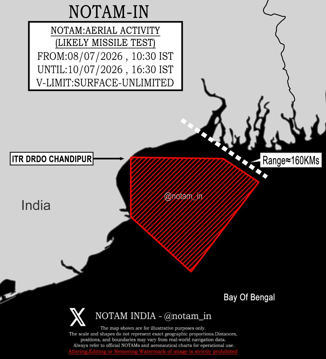 Theunk55's tweet photo. India has issued a NOTAM for aerial activity widely believed to be linked to a missile test in the Bay of Bengal.
Schedule:
From: 8 July 2026, 10:30 IST
Until: 10 July 2026, 16:30 IST
Vertical Limit: Surface to Unlimited
@notam_in https://t.co/y9arXHNZWF