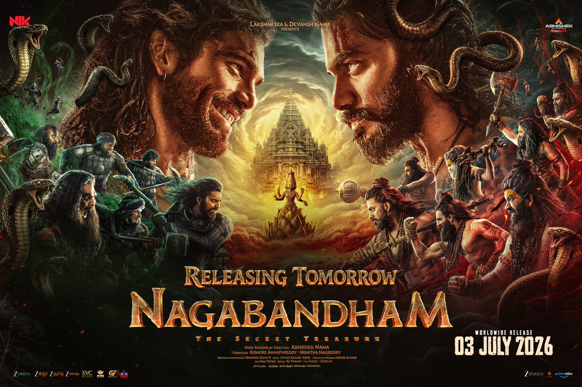 HaashtagMedia's tweet photo. With just a few hours left for the Special Premieres,

We're wishing the sensational team of #Nagabandham a BLOCKBUSTER as humongous as their film 🎉🤞

Being part of a film of this epic scale and collaborating with such ambitious people has been an unforgettable experience. Here's to celebrating a massive blockbuster together and many more incredible journeys ahead ❤️

#AbhishekNaama #KishoreAnnapureddy @Nishithareddy85 @nikstudiosindia @AbhishekPicture @ViratKarrna  @NabhaNatesh @DakshaOfficial @Ishmenon