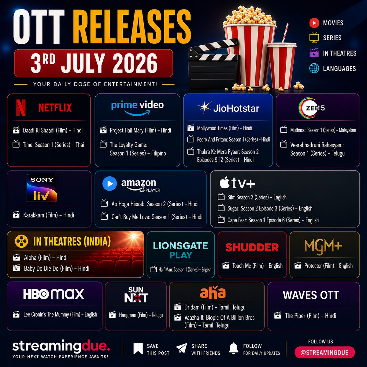streamingdue's tweet photo. 3rd July 2026 OTT Releases  &amp; Streaming List  

#OTTReleases #TodayOnOTT #OTTReleaseList #Netflix #Hotstar #Ottupdates #PrimeVideo #StreamingNow #MoviesUpdate https://t.co/oBHfhrq3wN