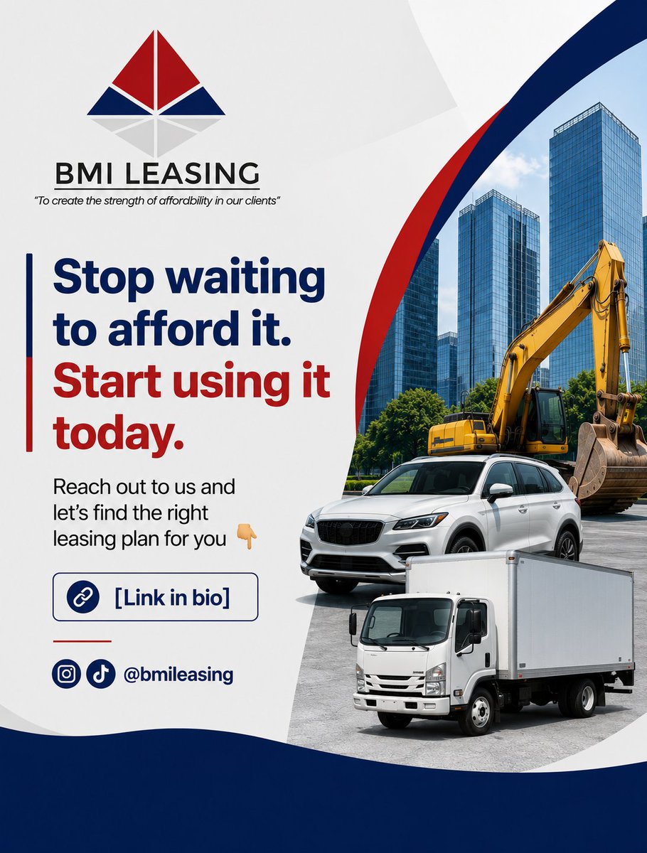 BmiLeasing's tweet photo. The smartest businesses don't always buy, they lease. 

Why tie up your capital when you can access what you need now and pay over time? That's exactly what BMI Leasing makes possible. 

Swipe to see how.

#leasing #leasingnow #businessgrowth #bmileasing https://t.co/pXChOnc0mD