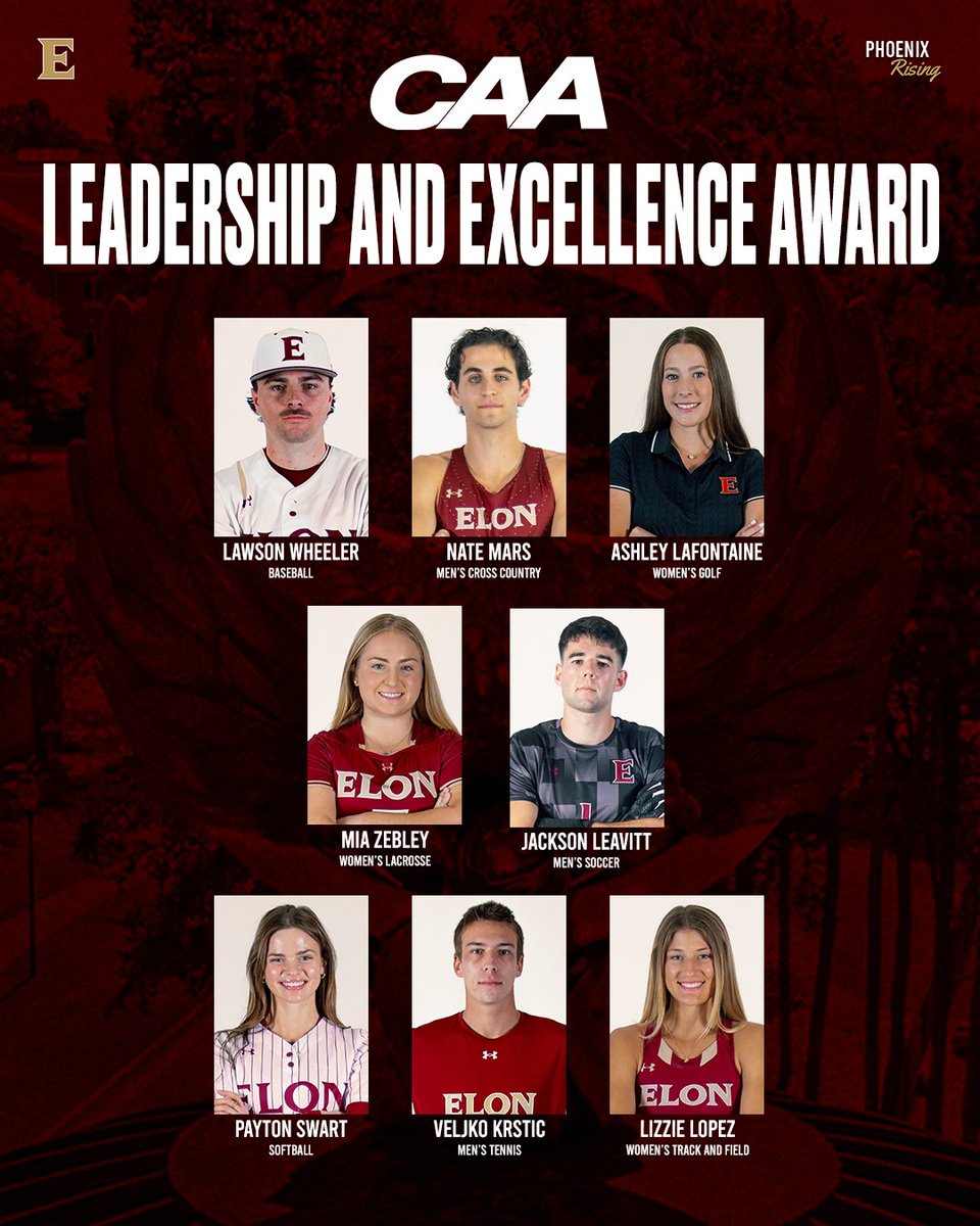ElonPhoenix's tweet photo. Setting the standard in the CAA 🐦‍🔥

Eight Phoenix student-athletes have been named 2025-26 CAA Leadership and Sport Excellence Award winners, the most of any school in the conference!

📰 » https://t.co/IYJaIpXZNp

#PhoenixRising https://t.co/u89NzZHuYL