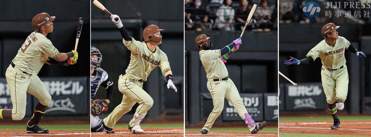 jiji_shashinbu's tweet photo. ⚾️プロ野球・日本ハム―オリックス⚾️

日本ハムの水谷、水野、レイエス、万波が続けて本塁打を放ちました。
一回先頭打者から４者連続本塁打はプロ野球新記録です。 https://t.co/gbVttYrvQF