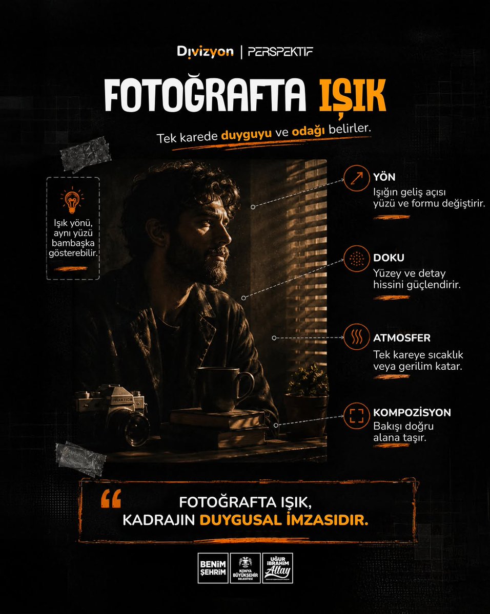 divizyon_org's tweet photo. 💡 Işık, yalnızca görüntüyü aydınlatmaz; hikâyenin nasıl hissedileceğini de belirler.

Bir sahnede odağı yönlendiren, duyguyu taşıyan ve anlatımı güçlendiren en önemli araçlardan biri ışıktır. Belgeselden fotoğrafa, reklamdan animasyona kadar her üretim alanında doğru ışık; görüntüyü sadece görünür değil, anlamlı hale getirir.

🚀 Üretirken öğreniyor, deneyimleyerek gelişiyoruz.

💫Divizyon Labs etkinlikleri ve stüdyo deneyimiyle, fikirlerini üretime dönüştürürken görsel anlatımın gücünü keşfedersin.