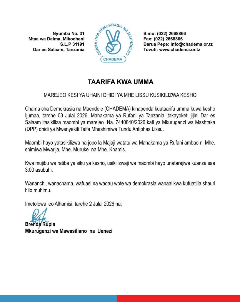 PatricOleSosopi's tweet photo. Taarifa Kwa Umma https://t.co/n5nzNCF27C
