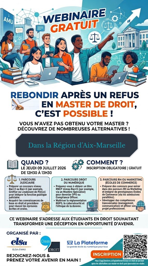 LaPlateformeIO's tweet photo. Refusé en master de droit, et maintenant ? Webinaire pour explorer les alternatives : formations complémentaires, spécialisations, parcours professionnalisants et plans B solides pour rebondir. Organisé avec Elsa (AMU), Class’Droit &amp; La Plateforme. https://t.co/xpeODzVtcZ https://t.co/Ek1P08fLYc