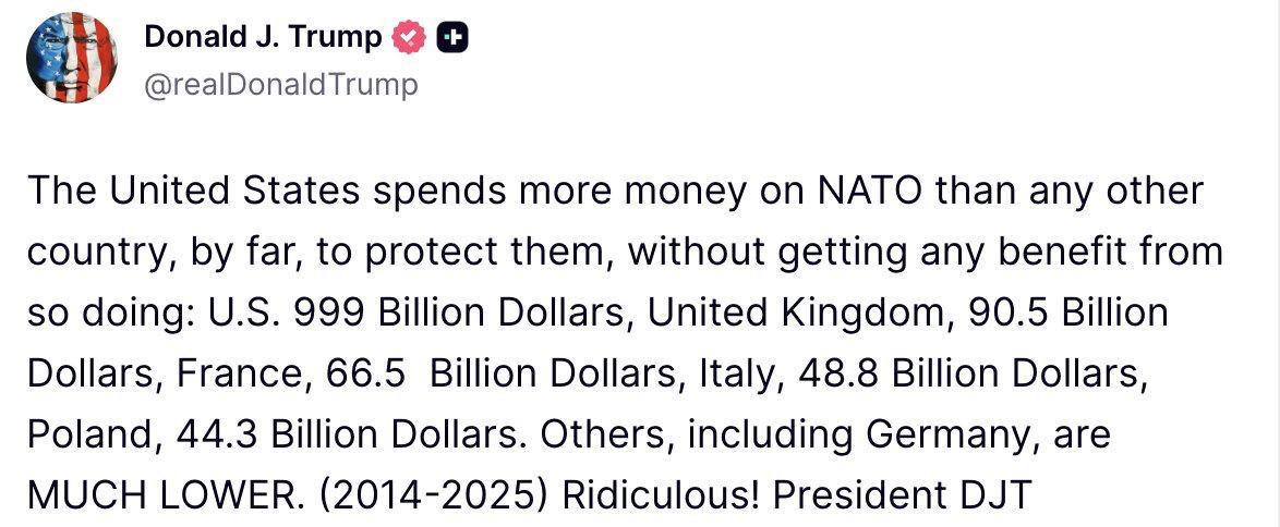 TheBelaaz's tweet photo. 🇺🇸 — JUST IN: Trump: “The United States spends more money on NATO than any other country, by far, to protect them, without getting any benefit from so doing. Ridiculous!” https://t.co/pRBMQpn16e