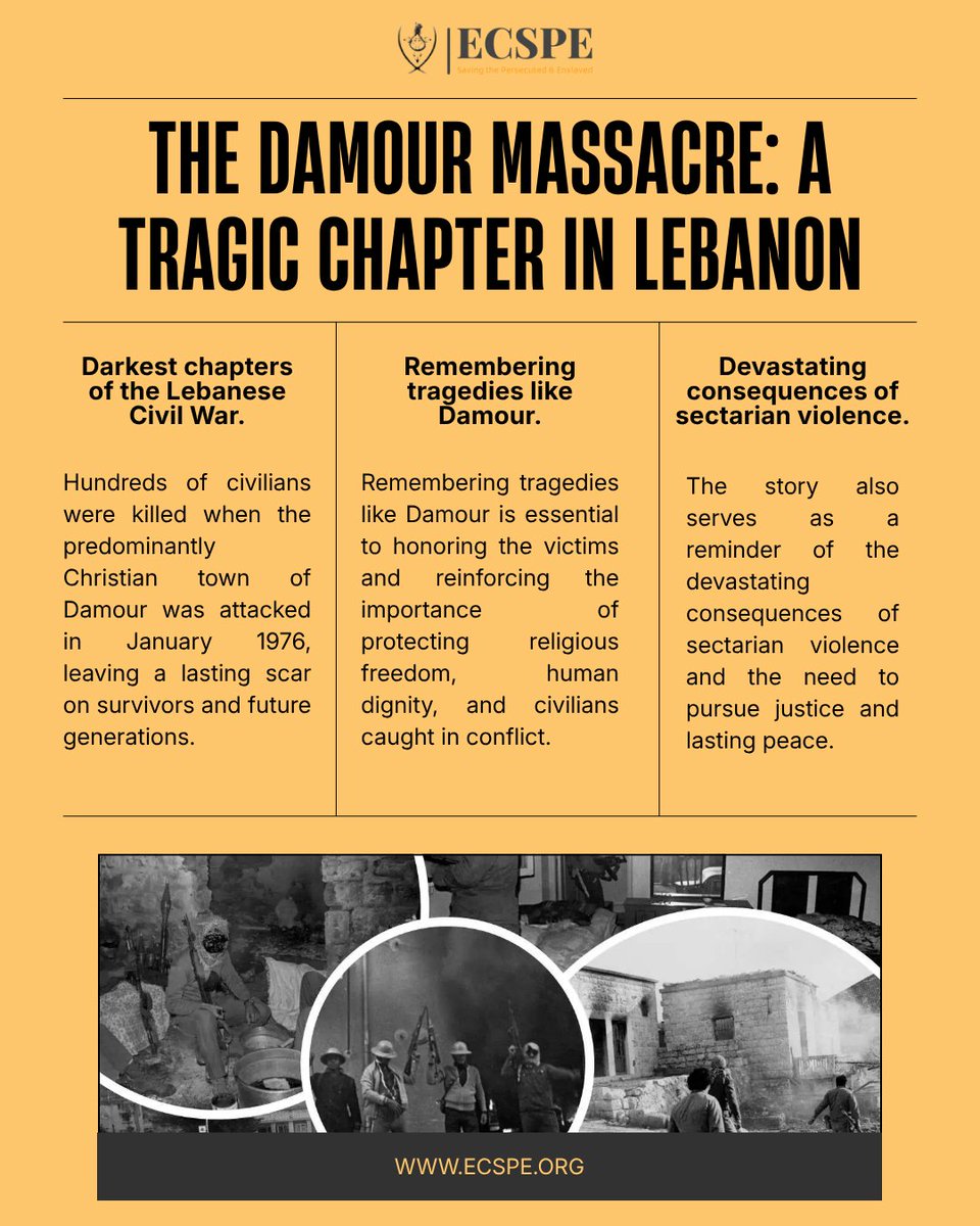 ecspe_offical's tweet photo. The Damour Massacre remains one of the most tragic chapters of the Lebanese Civil War, highlighting the devastating impact of sectarian violence on Christian communities. Read more: https://t.co/nDXCcYUGZ4 #ChristianPersecution #ReligiousFreedom #Lebanon #ECSPE https://t.co/28mh5LnfE1