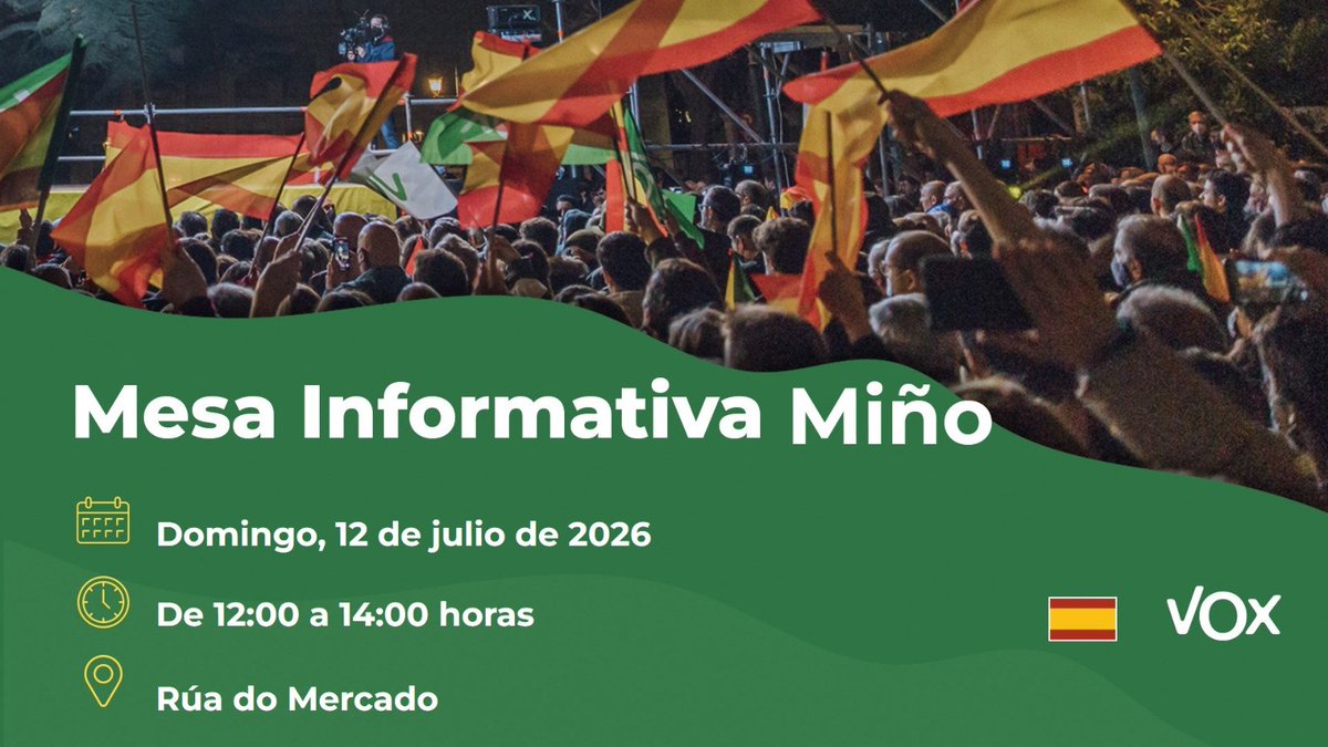 voxsada's tweet photo. 🟢 Mesa informativa en Miño

El domingo, 12 de julio haremos una mesa informativa en Miño, de 12 a 14 horas.
La mesa estará ubicada en la Rúa do Mercado (enfrente a la cafetería Green).

#MesaInformativa #Miño #SoloQuedaVOX https://t.co/E0txGDYEOl
