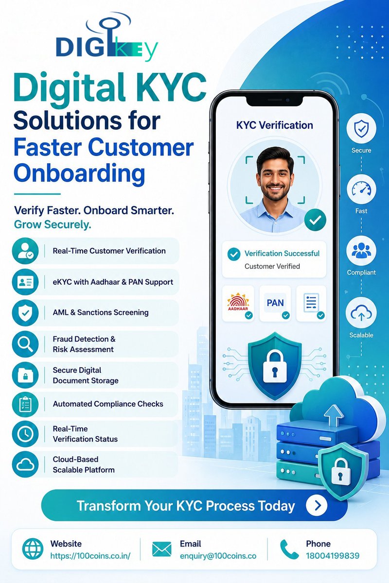 AditekSystemsPL's tweet photo. Digital KYC Solutions for Faster Customer Onboarding
Real-Time Customer Verification
eKYC with Aadhaar & PAN Support
AML & Sanctions Screening
Fraud Detection & Risk Assessment
Call–18004199839,Mail-enquiry@100coins.co
#100Coins #ASPL #DigitalKYC #eKYC #NewShapeOfGalaxy #CTO https://t.co/HyhkxJyL3C