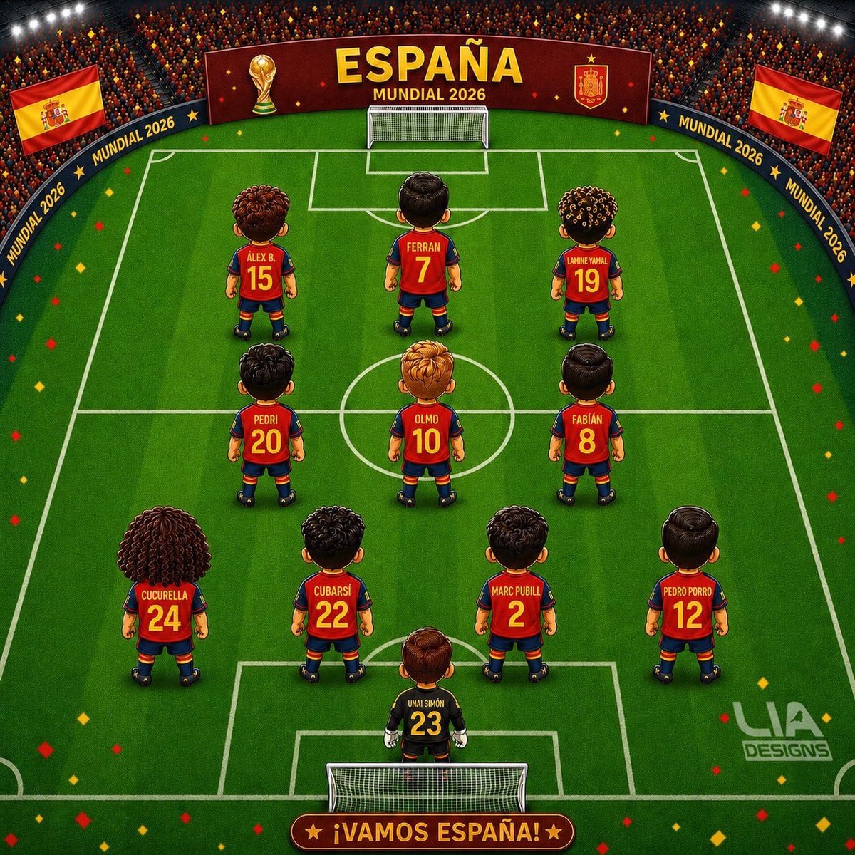 liadkx's tweet photo. Mi 11 de España, vamos #España!!! @SEFutbol @FIFAWorldCup @DAZN_ES #Spain #mundialdefútbol2026 #FIFAWorldCup #Unai #Cucurella #Cubarsí #Pubill #Porro #Pedri #Olmo #Fabián #Baena #Ferran #Yamal https://t.co/wxybYN4bp1