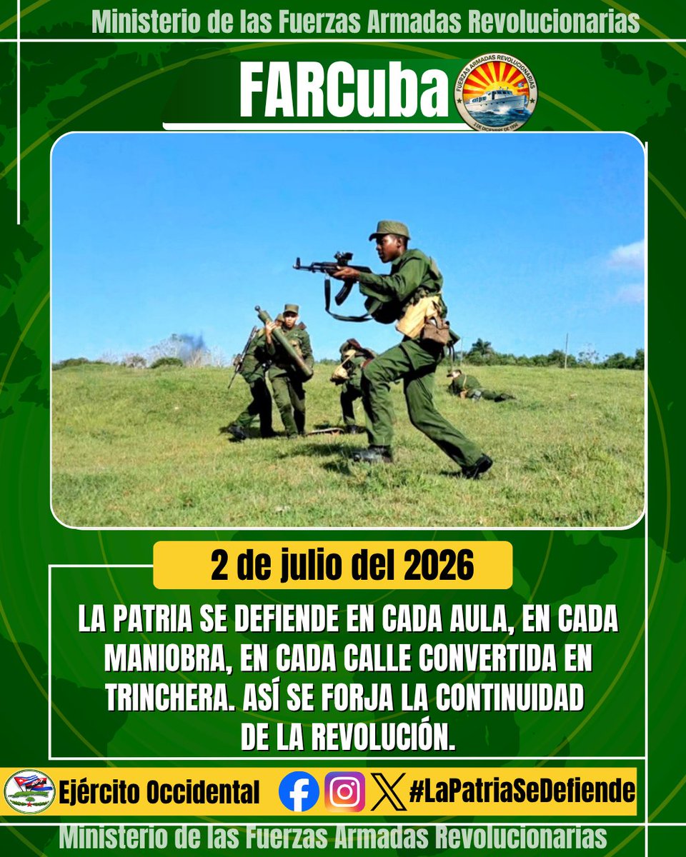EjtoOccidental's tweet photo. 🔵🔴🟢| En nuestras unidades militares, los jóvenes que cumplen el SMS se convierten en protagonistas de la defensa nacional. Allí se preparan en el conocimiento de las materias básicas y generales que fortalecen su formación integral.
#FARCuba  #LaPatriaSeDefiende 🇨🇺 https://t.co/ox4oHeu9HT