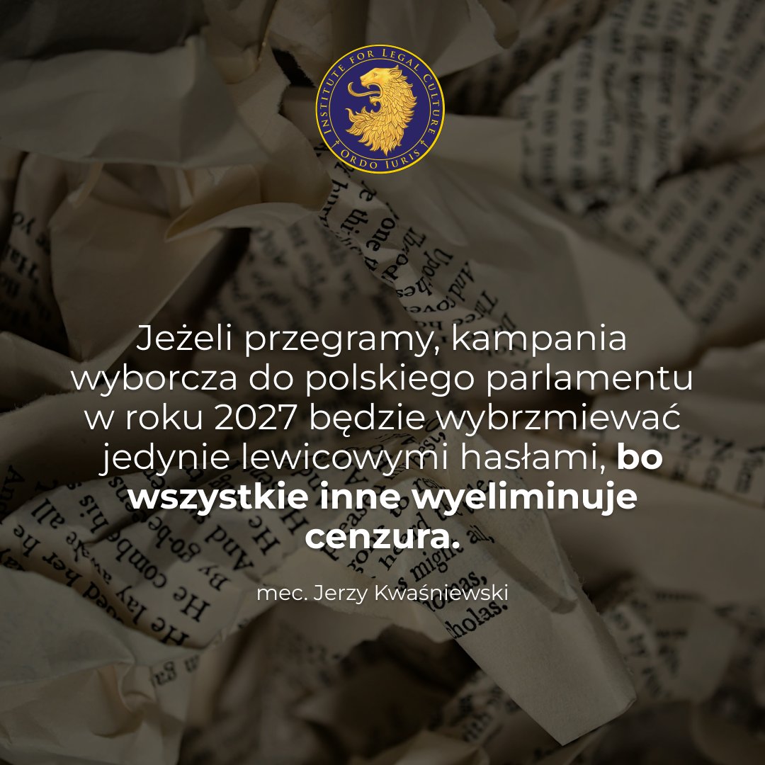 OrdoIuris's tweet photo. Jeżeli przegramy tę walkę, kampania wyborcza do polskiego parlamentu w 2027 roku będzie wybrzmiewać jedynie lewicowymi hasłami – bo wszystkie inne wyeliminuje cenzura.

⚠️ To nie przesada. Sprawa młodej matki w ciąży, która stanęła przed sądem za swoje słowa w internecie, pokazuje, jak blisko już jesteśmy tego scenariusza: https://t.co/FgZ7YexKYg

Stawka tej walki to Akt o usługach cyfrowych. Wyjaśniamy, jak unijne regulacje mogą realnie ograniczyć wolność słowa w sieci: https://t.co/rn4ewvSgO9 🔍

A w analizie pokazujemy systemowe zagrożenia dla wolności słowa i integralności demokratycznych wyborów w całej UE: https://t.co/eIOQbRdqo3 🗳️