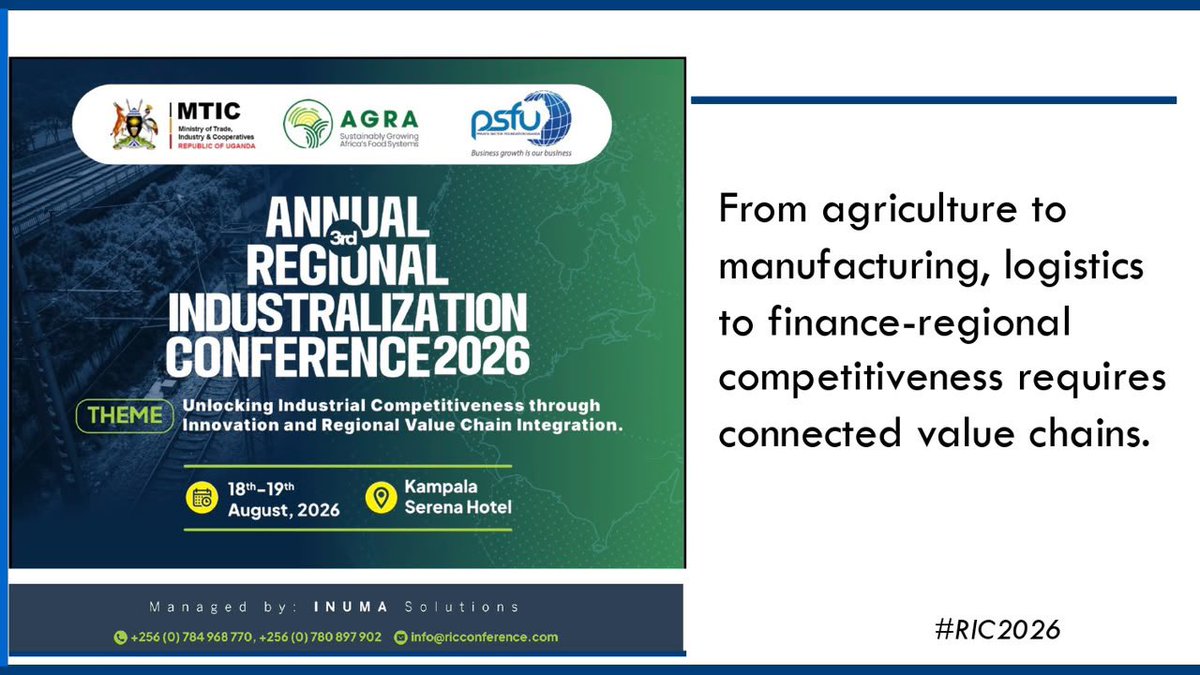 IamCarolPrimah's tweet photo. From agriculture to manufacturing, logistics to finance regional competitiveness requires connected value chains.
That’s why we’re excited to invite you to the 3rd Annual Regional Industrialization Conference 2026 (#RIC2026)

Register here; https://t.co/WazaaiyDHA

Date: 18th – 19th August 2026