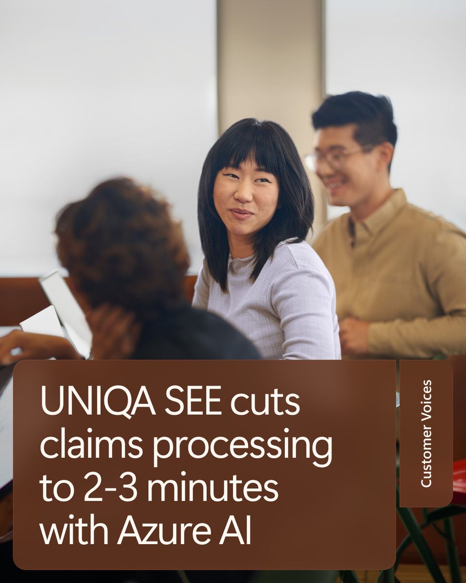 Microsoftbe's tweet photo. UNIQA SEE’s claims handlers were under significant pressure, with complex documents and manual tasks. The company used Azure AI, Foundry, and more to create an end-to-end, AI-driven medical referral solution that cut processing time by 85-90%
Find out how: https://t.co/sZooyvup3A https://t.co/rQSeqytuBo
