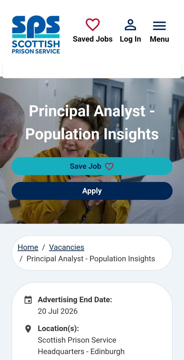 DrHannahGraham's tweet photo. A well-paid civil service data analysis-related job is being advertised with @scottishprisons 

Principal Analyst – Population Insights. Fixed-term, £62k-£68k.
🔗 #Prison #research #dataanalysis
https://t.co/pe62EV0Q5r https://t.co/E1GNvKld14