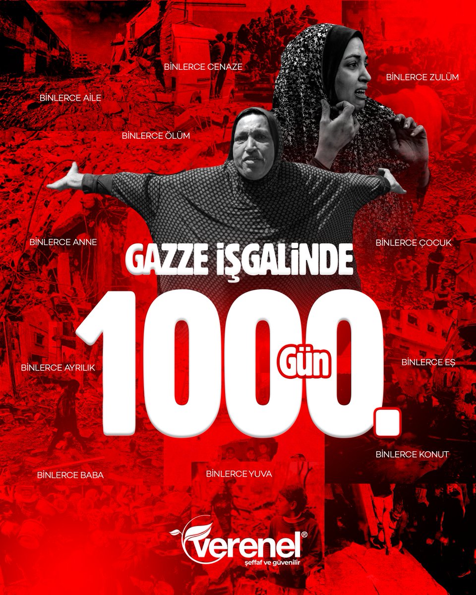 vereneldernegi's tweet photo. Gazze’de bugün, işgalin ve ablukanın 1000. günü.

Bu 1000 günde sadece şehirler, evler ve binalar değil; binlerce anne, baba, çocuk ve aile de yok edildi.
Binlerce ayrılık, binlerce kayıp ve tarifsiz bir zulüm dünyanın gözleri önünde yaşanmaya devam ediyor.

#Gazze #Gaza https://t.co/DRiknQeUaF