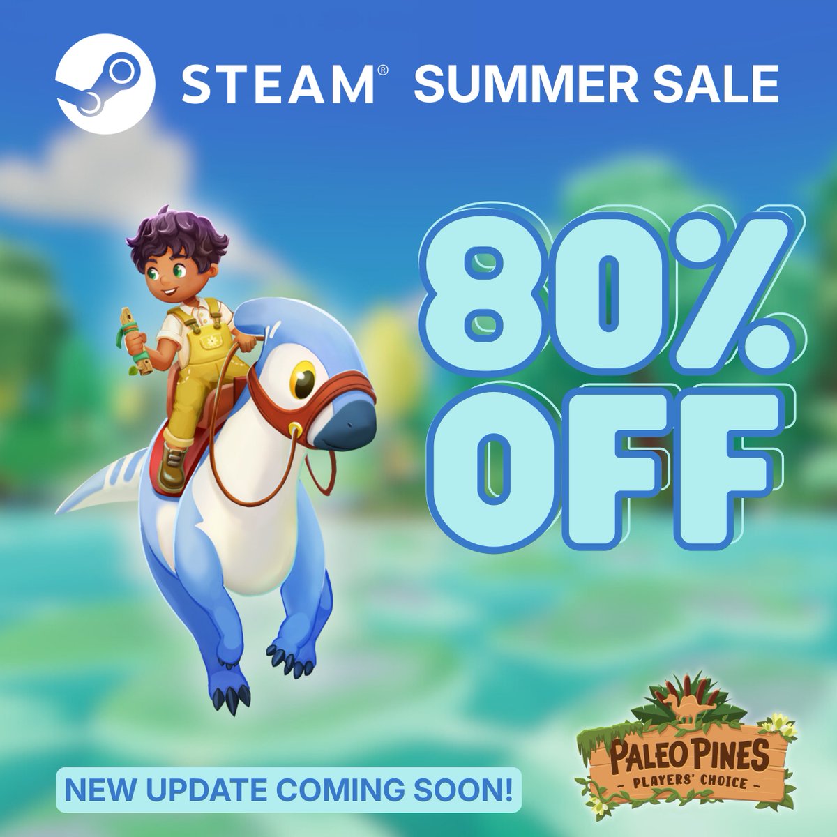 PaleoPines's tweet photo. Hey you! 🫵 Do you love all things whimsy, magical and cosy? ✨ Well do we have a game for you! 🦖  Paleo Pines (that's us!) is the sweetest dino farming sim around this valley, and we're included in the  @Steam Summer Sale - with 80% OFF! 😳 ☀️  Get your saddles at the ready! 🤠 https://t.co/UyWk2BTIGk
