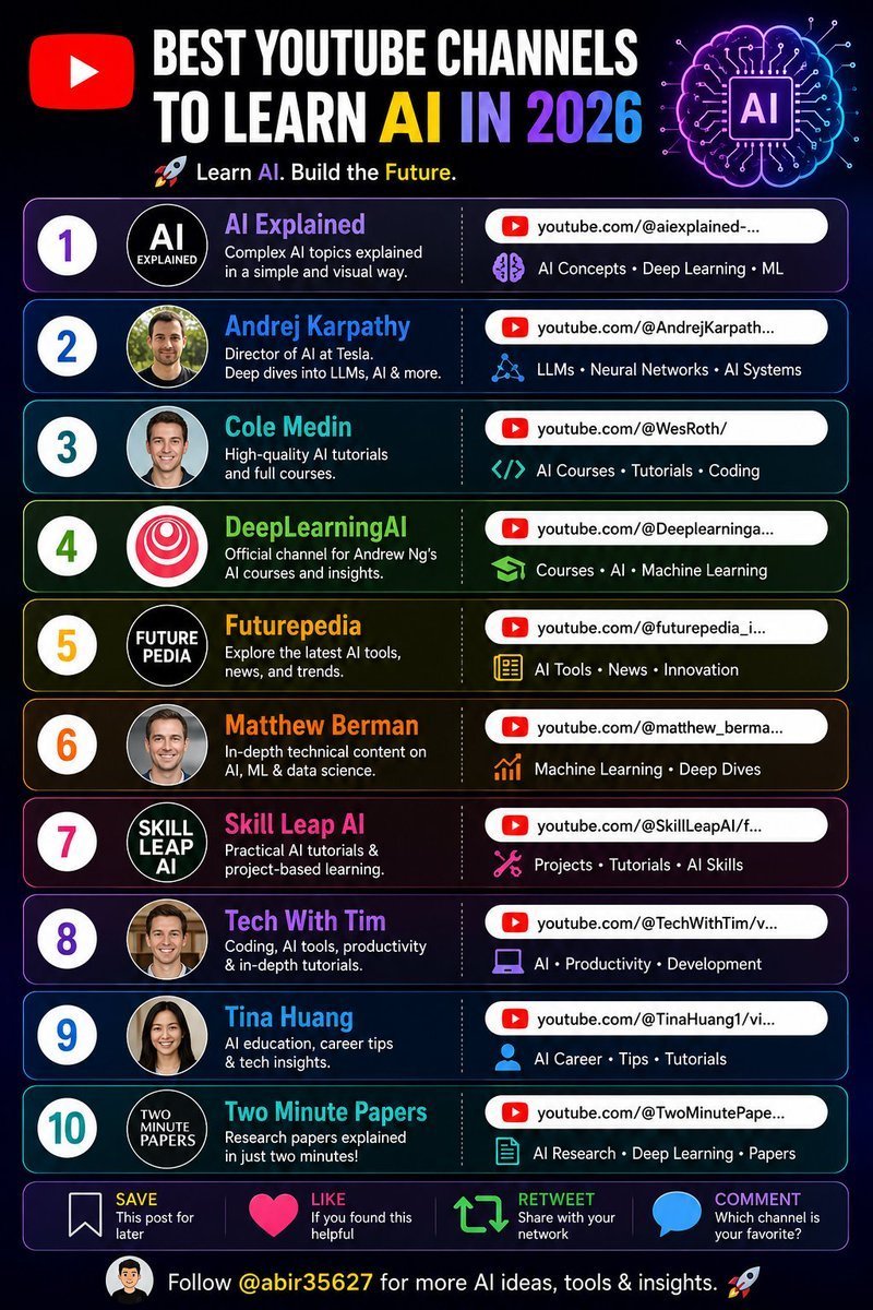 AlinaDavy20's tweet photo. 🚀 Want to learn AI in 2026?

Start with these YouTube channels:
• Andrej Karpathy
• https://t.co/SXYmehPAqS
• Krish Naik
• freeCodeCamp
• AI Explained
• 3Blue1Brown

🎯 Learn → Build Projects → Share Your Work → Repeat.

#AI #MachineLearning #Python https://t.co/KgC87ECzPs