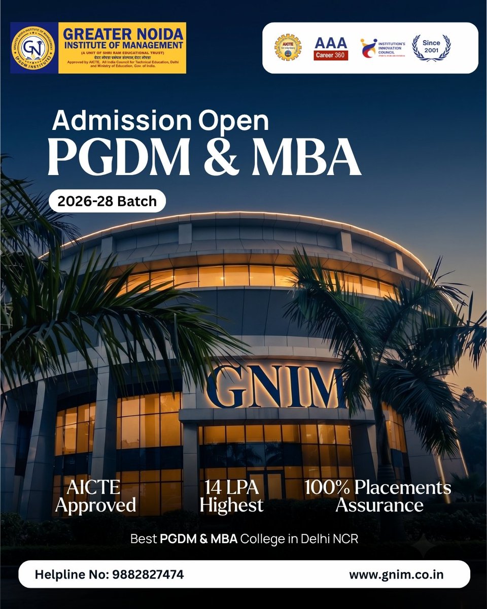 gnimofficial's tweet photo. Admissions Open for PGDM &amp; MBA | 2026-28 Batch

AICTE Approved | 14 LPA Highest Package | 100% Placement Assurance

Build your leadership career at GNIM.

#gnim #pgdm #mba #admissionsopen #bschool https://t.co/Aw79UPLgf3