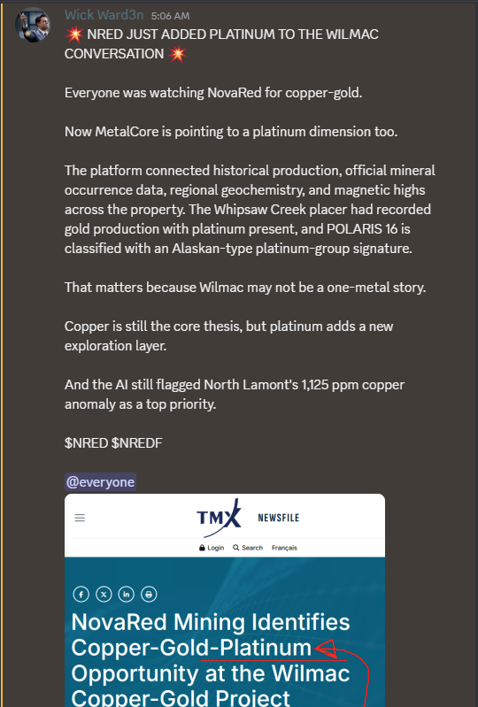 SGreen7418's tweet photo. I SEE MORE UPSIDE IN $NRED AFTER TODAY'S NEWS

Today's announcement added another layer to the NovaRed story. MetalCore AI combined 10 mineral occurrences, 19 historical reports, 38 regional geochemical samples, and geophysical information to identify a new Copper-Gold-Platinum target supported by copper values reaching 1,125 ppm Cu and 5 coincident geological indicators. If drilling confirms what the AI is seeing, Wilmac could become significantly more valuable. 

I think the company keeps creating value long before the market fully prices it in. That's exactly why I'm holding $NRED and staying patient for what I believe are much bigger catalysts ahead.

Personal opinion, not investment guidance

$GME $QQQ $NVDA