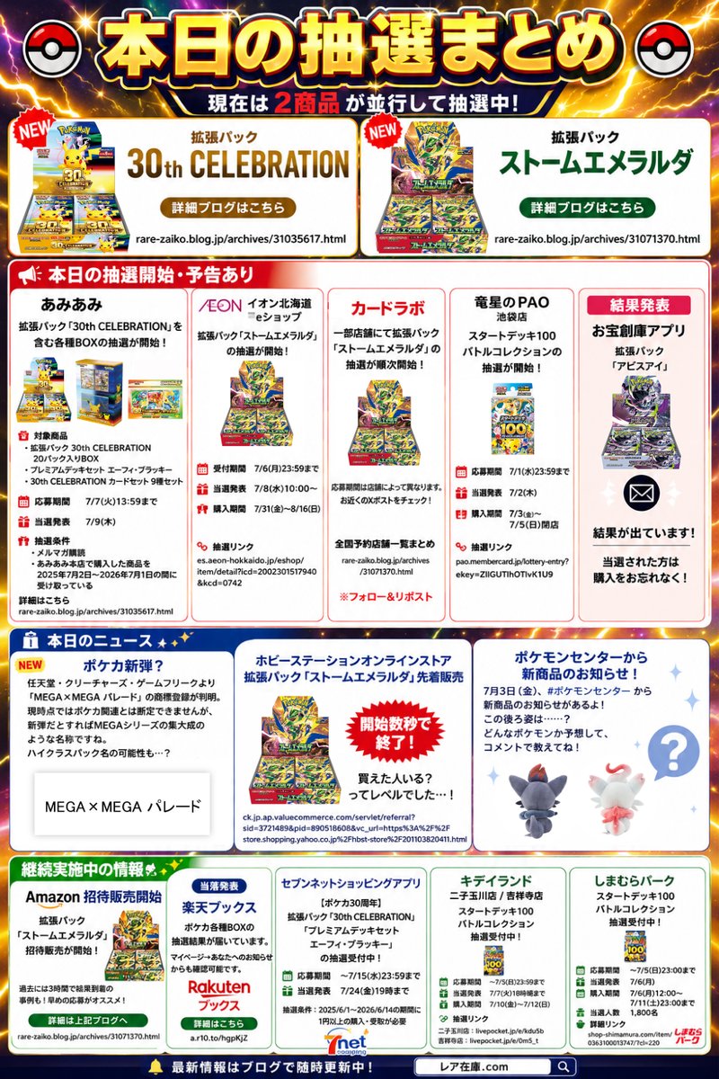 pokeca_new_card's tweet photo. 📢本日のポケカ抽選・情報まとめ【7月2日(木)】

🆕本日開始
✅あみあみ
・30th CELEBRATION 20パック入りBOX
・プレミアムデッキセット エーフィ・ブラッキー
・30th CELEBRATION カードセット9種セット
https://t.co/1S3bhR1ACY

📅応募：〜7/7(火)13:59
🎯当選：7/9(木)

応募条件あり👇
・メルマガ購読
・2025/7/2〜2026/7/1の間に、あみあみ本店で購入商品の受取実績が必要

━━━━━━━━━━

✅イオン北海道eショップ
・ストームエメラルダ
https://t.co/9x7xYye0BP

📅応募：〜7/6(月)23:59
🎯当選：7/8(水)10:00〜
🛒購入：7/31(金)〜8/16(日)

━━━━━━━━━━

✅カードラボ（一部店舗）
・ストームエメラルダ

応募方法：各店舗Xにてフォロー＆リポスト
※応募期間は店舗ごとに異なります

全国予約店舗一覧👇
https://t.co/KAS746FrKG

━━━━━━━━━━

🔥最新情報

✅「MEGA×MEGA パレード」
任天堂・クリーチャーズ・ゲームフリークより商標登録が判明👀

現時点ではポケカ関連とは断定できませんが、もし新弾ならMEGAシリーズ集大成となる可能性も…？🤔

━━━━━━━━━━

✅ホビーステーションオンラインストア
・ストームエメラルダ先着販売[PR]
https://t.co/AmlaiioZfe
開始数秒で完売⚡️
手動ではかなり厳しい争奪戦に。

━━━━━━━━━━

✅ポケモンセンター
7/3(金)新商品発表を予告📣

公開された後ろ姿は
「ゾロア＆ヒスイゾロア」のぬいぐるみ？
明日の発表が楽しみ🦊

━━━━━━━━━━

📌現在応募受付中

✅Amazon招待販売
・ストームエメラルダ
https://t.co/KAS746FrKG

過去には約3時間で招待メールが届いた事例も👀
まだの方は早めの応募がおすすめです。

━━━━━━━━━━

✅楽天ブックス
ポケカ各種BOX抽選結果が到着中📩

マイページ
↓
「あなたへのお知らせ」
から確認できます👀【PR】
https://t.co/Ta8DnG8B0q

━━━━━━━━━━

✅セブンネットショッピング
・30th CELEBRATION
・プレミアムデッキセット エーフィ・ブラッキー

📅応募：〜7/15(水)23:59
🎯当選：7/24(金)19:00まで

応募条件あり👇
2025/6/1〜2026/6/14の期間中にセブンネットで商品購入＆受取実績が必要

━━━━━━━━━━

✅キデイランド【本日まで】
二子玉川店
https://t.co/Gnvmv06b7Y
吉祥寺店
https://t.co/Tz4MlhXjSU

・スタートデッキ100 バトルコレクション

📅応募：〜7/2(木)23:59
🎯当選：7/7(火)18時頃まで
🛒購入：7/10(金)〜7/12(日)

━━━━━━━━━━

✅しまむらパーク
・スタートデッキ100 バトルコレクション
https://t.co/eZEY6dhyfV

📅応募：〜7/5(日)23:00
🎯当選：7/6(月)
🛒購入：7/6(月)12:00〜7/11(土)23:00
👥当選人数：1,800名

━━━━━━━━━━

🎉30th CELEBRATIONまとめ
🔗https://t.co/1S3bhR1ACY

🐉ストームエメラルダまとめ
🔗https://t.co/KAS746FrKG

見逃し防止のため
🔖ブックマーク
🔔通知ON
がおすすめです🙌

#ポケカ
#ポケモンカード
#30thCELEBRATION
#ストームエメラルダ
#ポケカ抽選
#ポケカ再販
#ポケカ情報