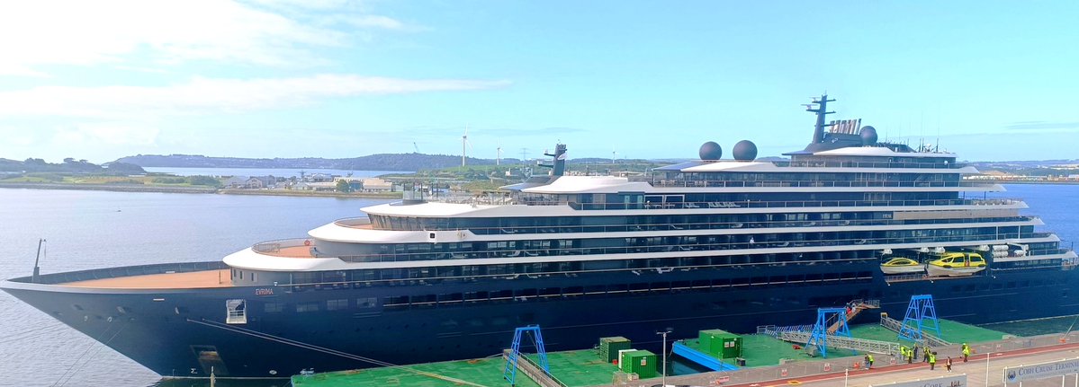 Cobh2024's tweet photo. The Evrima has arrived in Cobh, earlier than expected in the beautiful weather.

Will be with us until departure tomorrow night at 7pm. 🚢

@CobhTourism @CruiseRoomEire @KENNYTCORK @PortofCork https://t.co/NXWSzlFbIM