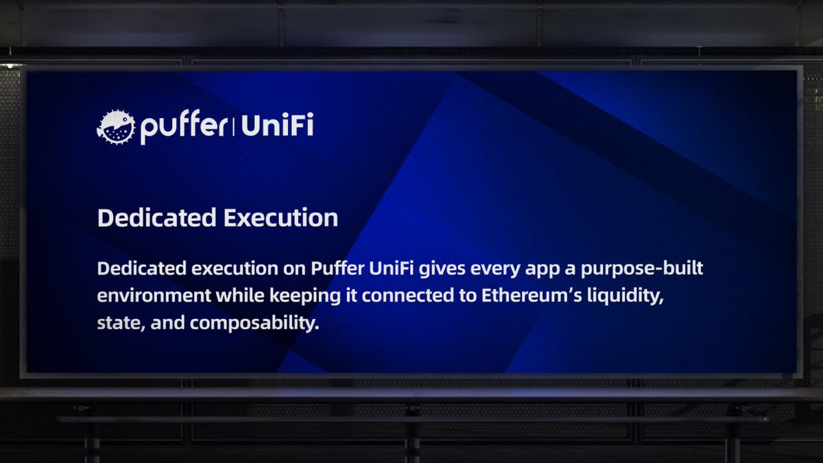 puffer_unifi's tweet photo. 📖 Glossary: Dedicated Execution

Dedicated execution means an app gets its own execution environment, designed around its own needs.

In a traditional rollup, every application shares the same execution environment. Trading, gaming, payments, social apps, and AI agents all compete for the same blockspace and performance profile.

But not every application needs the same thing.

Some need low latency. Others need high throughput. Others need specialized execution environments.

UniFi based appchains are designed differently.

They give applications dedicated execution without turning them into isolated chains. Through synchronous composability, appchains can remain connected to Ethereum L1 liquidity, state, and coordination.

Dedicated execution for apps.

Ethereum liquidity and composability for the ecosystem. 🐡