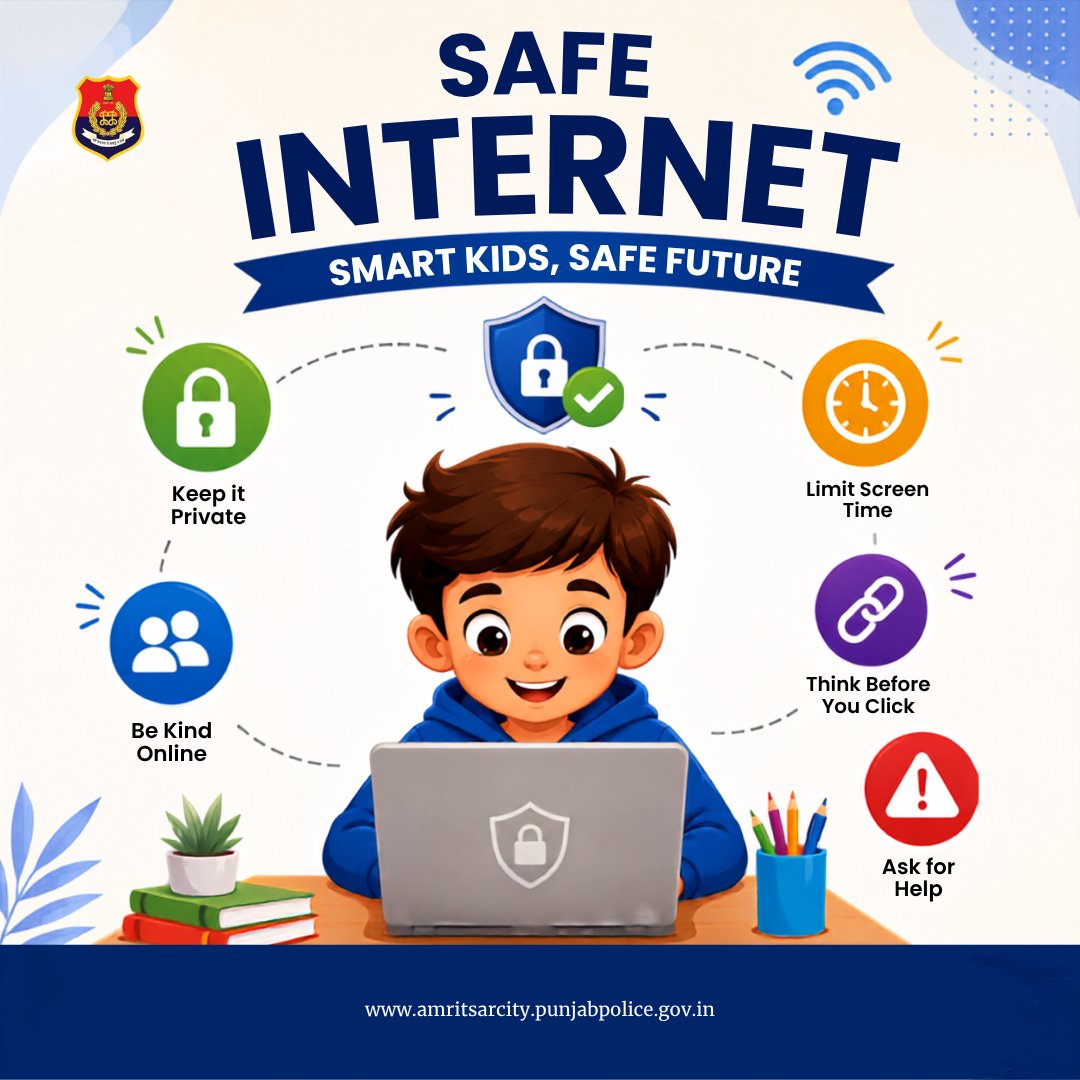 cpamritsar's tweet photo. The internet is useful for learning and fun, but children must use it carefully and responsibly. Stay safe online by not sharing personal details, avoiding unknown links and always talking to parents or teachers if something feels unsafe.
#SafeInternet
#CyberSafety https://t.co/4eKPyMpz1S