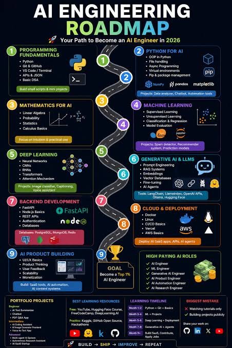Lifeline7on9's tweet photo. 🚀 The fastest way to become an AI Engineer?

Stop binge-watching tutorials.

Learn the fundamentals. Build real projects. Deploy them. Repeat.

That's how top AI engineers are made.

📌 Save this roadmap.
🔁 Repost for aspiring AI engineers. https://t.co/wyFMRZKtJb