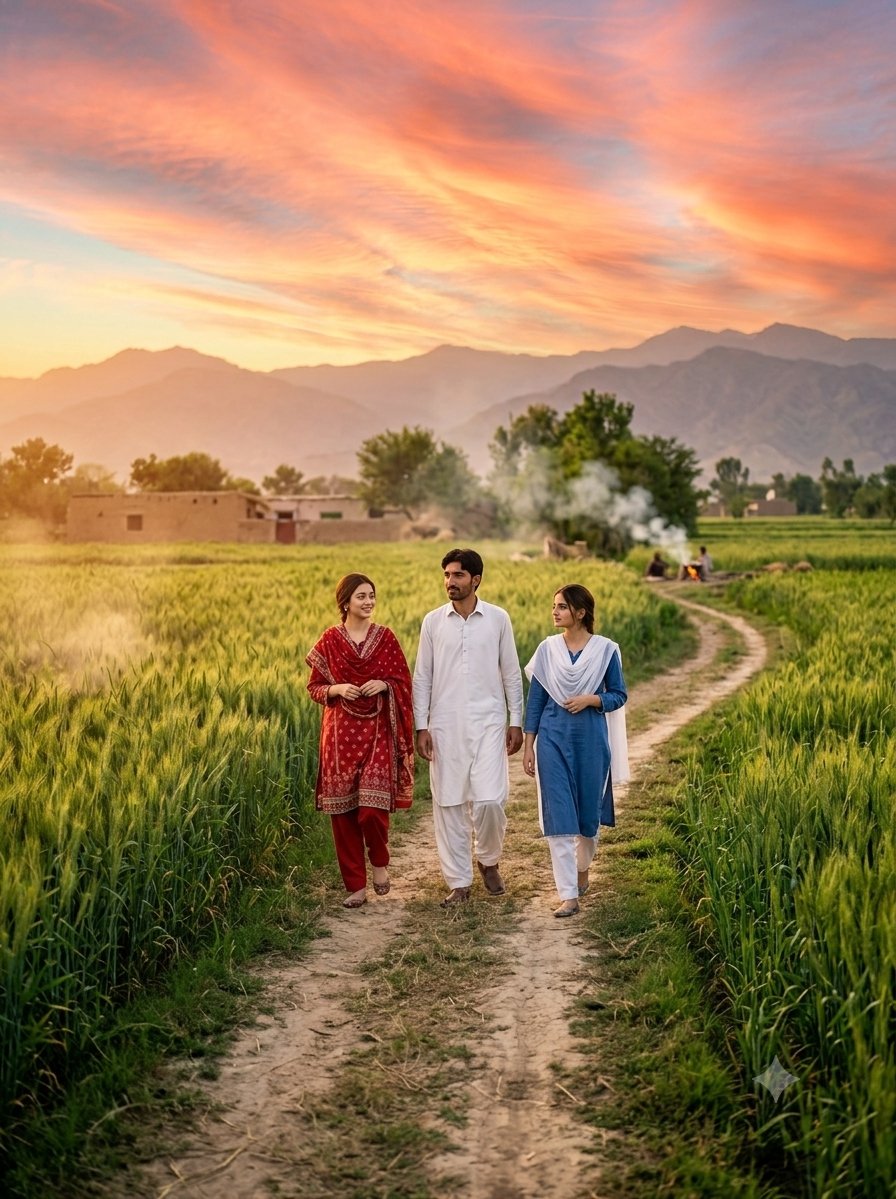 Rural Sunset Portrait of Pakistani Man and Women