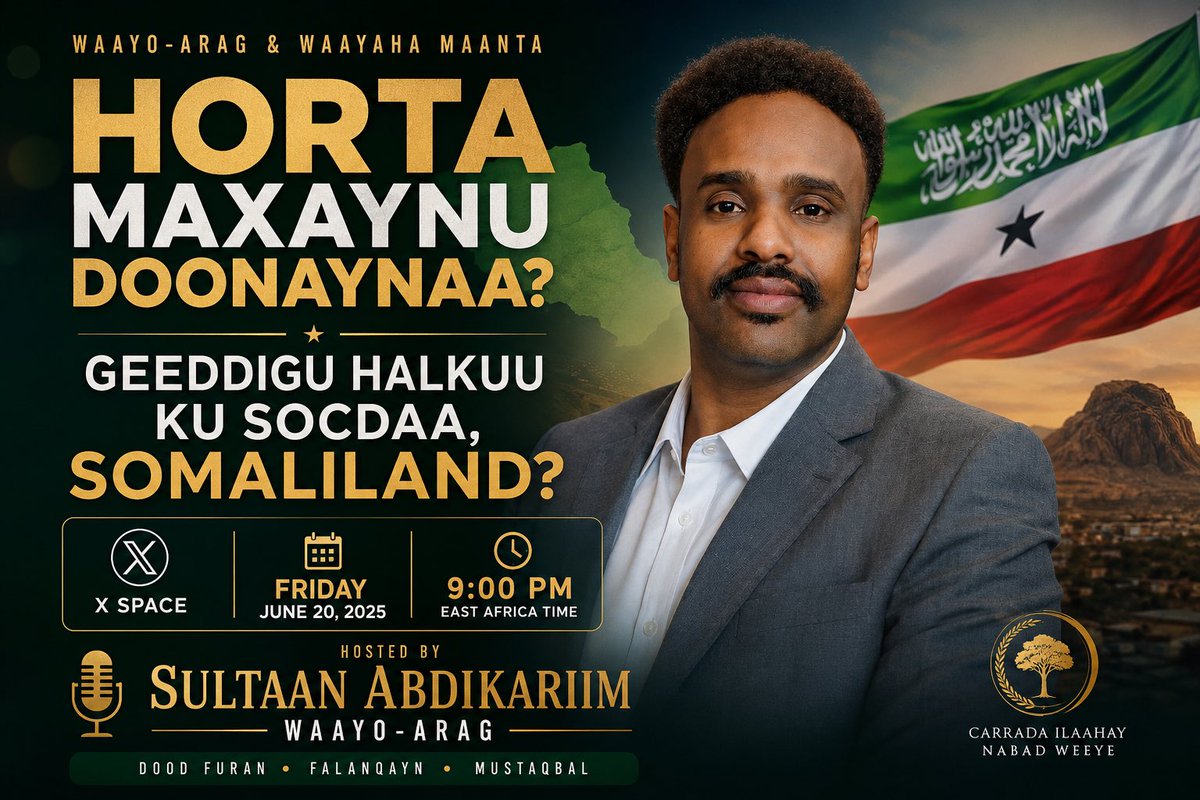 SSTHawdReserve's tweet photo. Horta Maxaynu Doonaynaa? Geeddigu Halkuu Ku Socdaa, Somaliland?

Muddo ka badan soddon sano oo dib-u-dhis, nabadayn iyo dawlad-dhisid ah ka dib, waxa la joogaa xilli muhiim ah oo u baahan in la is weydiiyo su’aal aasaasi ah: Horta maxaynu doonaynaa? Geeddiga Jamhuuriyadda Somaliland halkuu ku socdaa?

Barnaamijkan waxaynu si qoto dheer ugu falanqayn doonaa jihada siyaasadeed, hoggaaminta dalka, amniga qaranka, dhaqaalaha, aqoonsiga caalamiga ah, doorka bulshada, iyo himilada ay tahay in aynu u dejinno mustaqbalka Somaliland.

Waa dood furan oo ku dhisan aragti, xog, iyo waayo-aragnimo, si aynu uga wada tashanno halka aynu maanta taagan nahay iyo halka aynu doonayno in aynu berri gaadhno.

🗓 Jimce
🕘 9:00 PM (Waqtiga Bariga Afrika)
📍 X Spaces

Soo dhowaada. Aragtidiinnu waa muhiim.