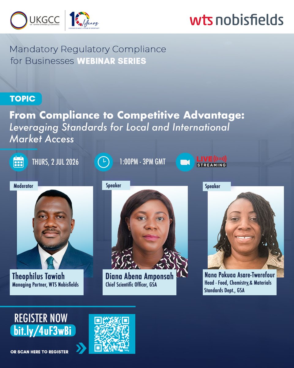 UKGCC_ACCRA's tweet photo. @nobisfields Our webinar with WTS Nobisfields on “Leveraging Standards for Local and International Market Access” begins soon.

As a participant, you will have an understanding on how standards and certification affect business.

Time: 1 – 3 PM GMT

Register: https://t.co/42tvn7gbHJ https://t.co/JZvKuy6XxP