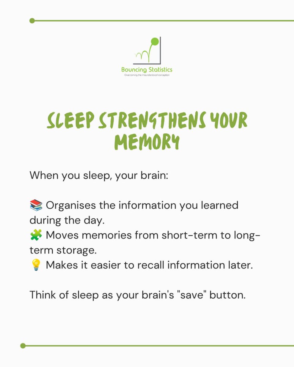 BouncingStats's tweet photo. Did you know your brain keeps learning even while you're asleep?

Sleep isn't just about feeling rested. It's when your brain processes new information, strengthens memories and prepares you to focus better the next day. 

#UKEducation #LearningTips #StudySmart #BrainHealth https://t.co/fIHvsYIGA5