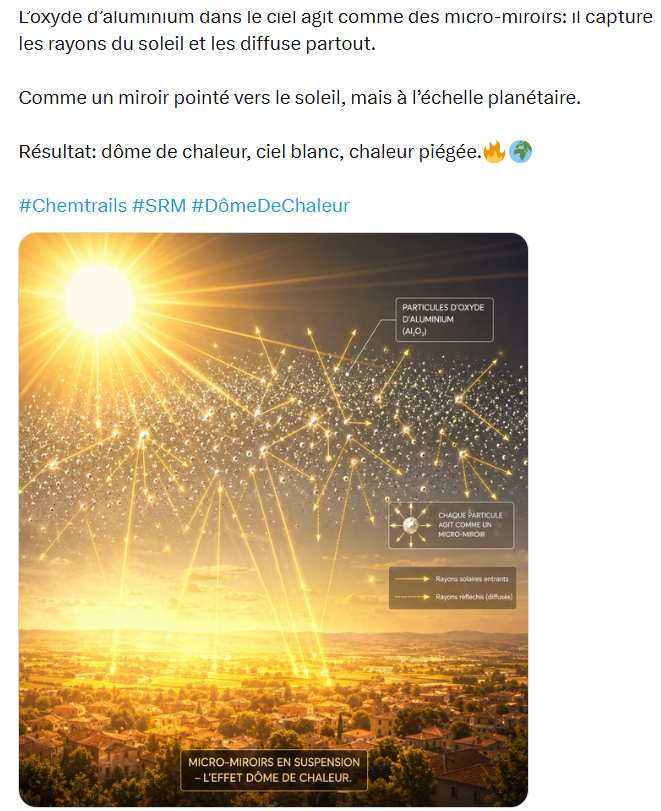 48214O8870O79's tweet photo. @daniel_gugger l'oxyde d'aluminium dans le ciel agit comme des micro miroirs 
ils captent les rayons du soleil et les diffuse partout 
comme un miroir pointé vers le soleil mais à l'échelle planétaire 
résultat : dôme de chaleur ciel blanc chaleur piégée https://t.co/fPHu4aSfO2