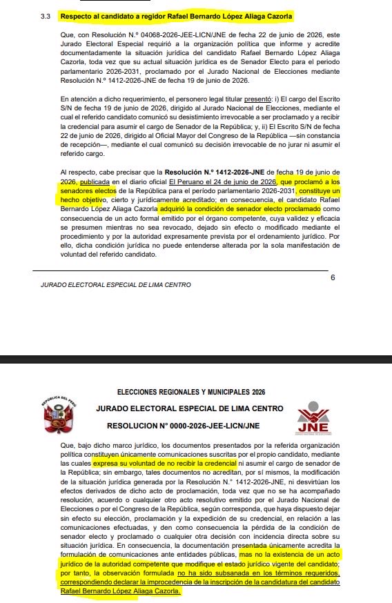 wilbermedinab's tweet photo. 🚨La decisión del @JEE que declara IMPROCEDENTE la inscripción como regidor de @rlopezaliaga1 (xq dice es senador electo) es NULA por violar el principio de congruencia. Sin embargo ADMITEN la inscripción de los diputados electos y proclamados que recibieron sus credenciales: #AldoBravo y #LeoDePaz como candidatos a regidores con el # 9 y 25 de la lista de @Renovacion_Peru. Atroz la falta de predictibilidad  o será venganza del @JNE_Peru 👀👇