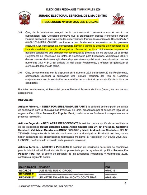 wilbermedinab's tweet photo. 🚨La decisión del @JEE que declara IMPROCEDENTE la inscripción como regidor de @rlopezaliaga1 (xq dice es senador electo) es NULA por violar el principio de congruencia. Sin embargo ADMITEN la inscripción de los diputados electos y proclamados que recibieron sus credenciales: #AldoBravo y #LeoDePaz como candidatos a regidores con el # 9 y 25 de la lista de @Renovacion_Peru. Atroz la falta de predictibilidad  o será venganza del @JNE_Peru 👀👇