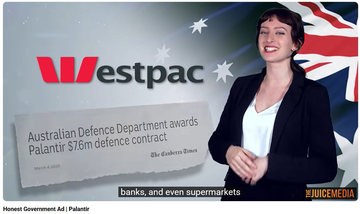 dp60plus's tweet photo. It is a very good one #auspol 
Honest Govt Ad | Palantir
https://t.co/CZ2esZyJoZ

Revealed: Au’s $100m investment in controversial tech giant Palantir
https://t.co/Nw3b5StBaP

“We kill enemies”: Spy firm Palantir secures top Australian security clearance
https://t.co/86t43gsD34 https://t.co/CLsoqb6Ds9